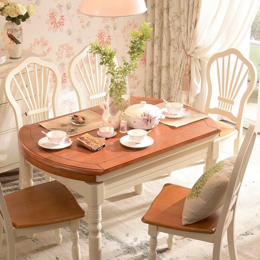 地中海餐桌椅组合实木一桌六椅田园家用美式折叠餐桌伸缩圆形饭w&