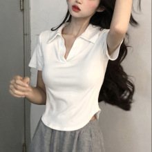 Polo领短袖t恤女夏季新款韩版修身不规则辣妹纯欲风少女外穿上衣