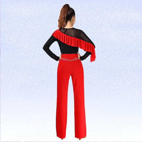 Latin Dance Top New Modern Dance Jitterbug Dance Suit Mesh Elegant Wavy Sleeves Red Long Sleeves