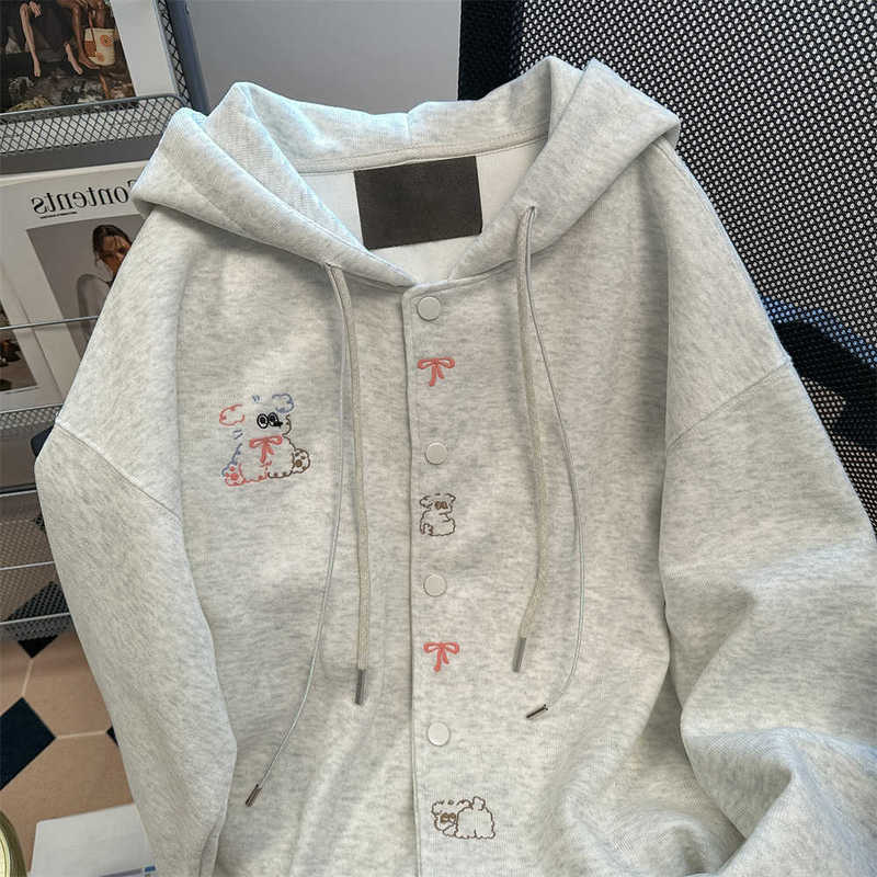 Vintage Cute Puppy Print Sweatshirt Cardigan for Men and Women Autumn Loose Preppy Style Casual Versatile Hooded Jacket