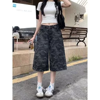 美式复古高腰牛仔七分裤女款迷彩裤子夏季新款2026年直筒阔腿中裤