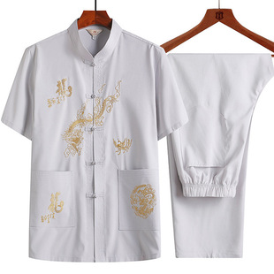 Middle-aged and elderly Chinese style Tang suit father summer short sleeve suit grandfather summer Chinese button shirt pants two-piece set