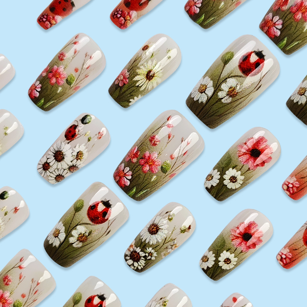 Primavera margarita pintura a óleo de manicura flor mariquita parche de uñas falsas venta transfronteriza ballet tipo uñas