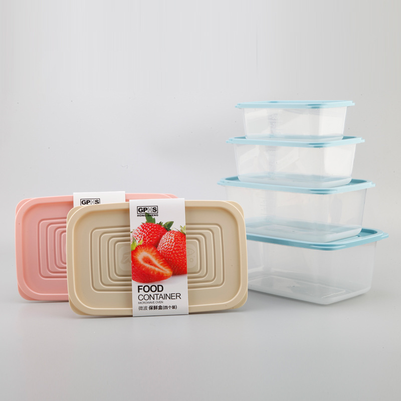 Refrigerador de plástico transparente rectangular de cuatro piezas caja de almacenamiento sellada combinación de caja de alimentos refrigerados para el hogar