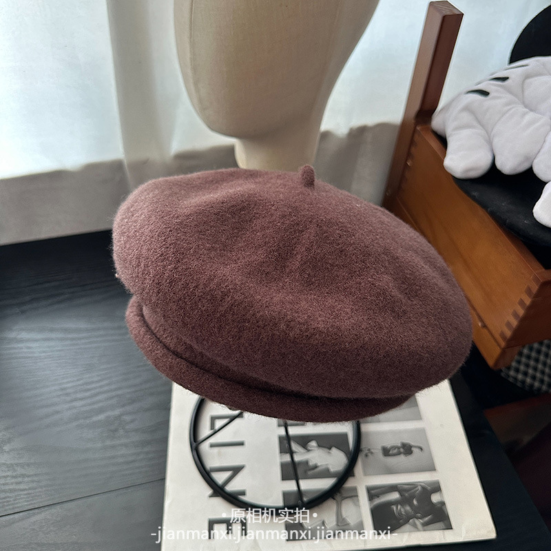 韩版纯色卷边针织贝雷帽秋冬复古百搭文艺蓓蕾帽女甜美保暖画家帽|undefined
