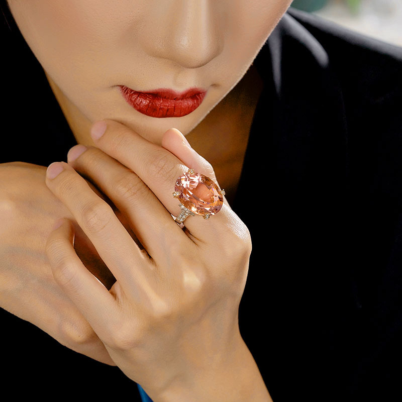 Imitation Natural Pink Morgan Ring Champagne Color Inlaid Colorful Gemstone Copper Open Ring display picture 3