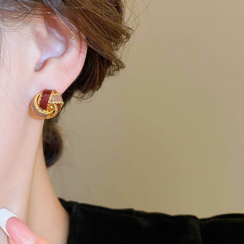 Silver Needle Oil Dropping Fried Dough Twists Cross Round Earrings Female Personality Earrings Temperament Earrings Small And High_voghion.com