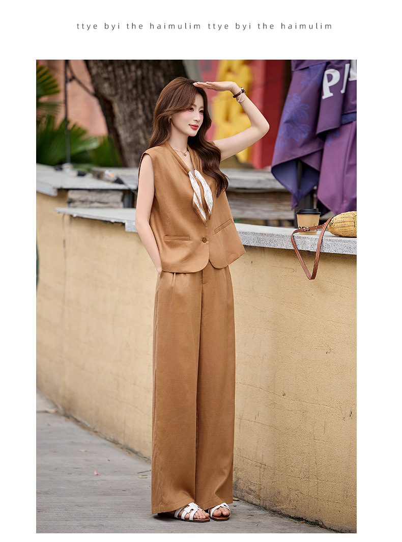 Bộ vest nữ gồm áo gile và quần tây ống đứng cạp cao — màu đen, màu cam, màu trắng ngà chi tiết 17