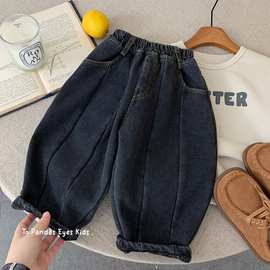 男童加绒牛仔裤黑色儿童柔软一体绒裤子秋冬季中小童韩版休闲长裤