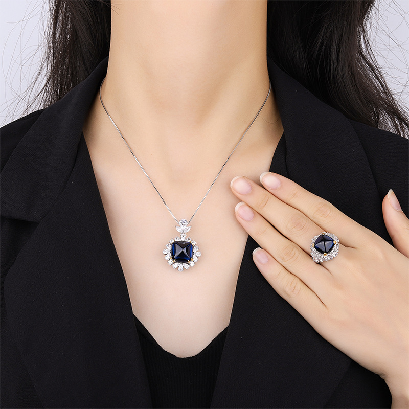 Zhuang Sheng joyería S925 plata imitación color tesoro azul azúcar Torre industria pesada inferior sello colgante anillo traje 14*14-12*1