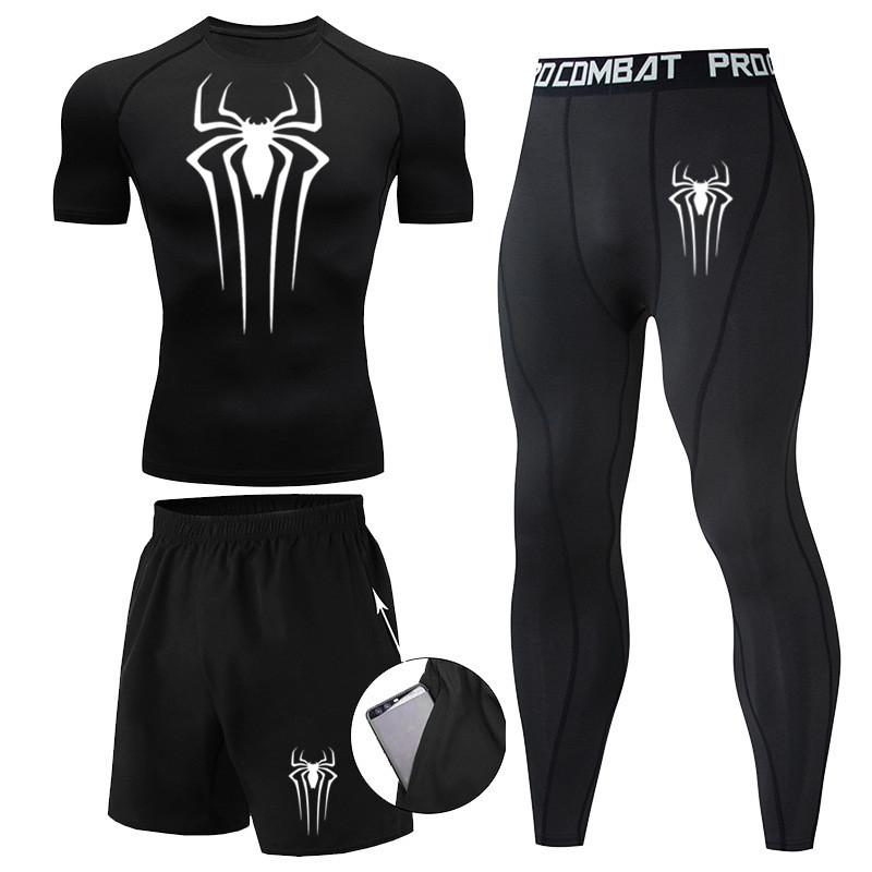 Marca hombres Spider-Man impreso de tres piezas de compresión de secado rápido de manga larga medias corriendo traje deportivo traje de entrenamiento