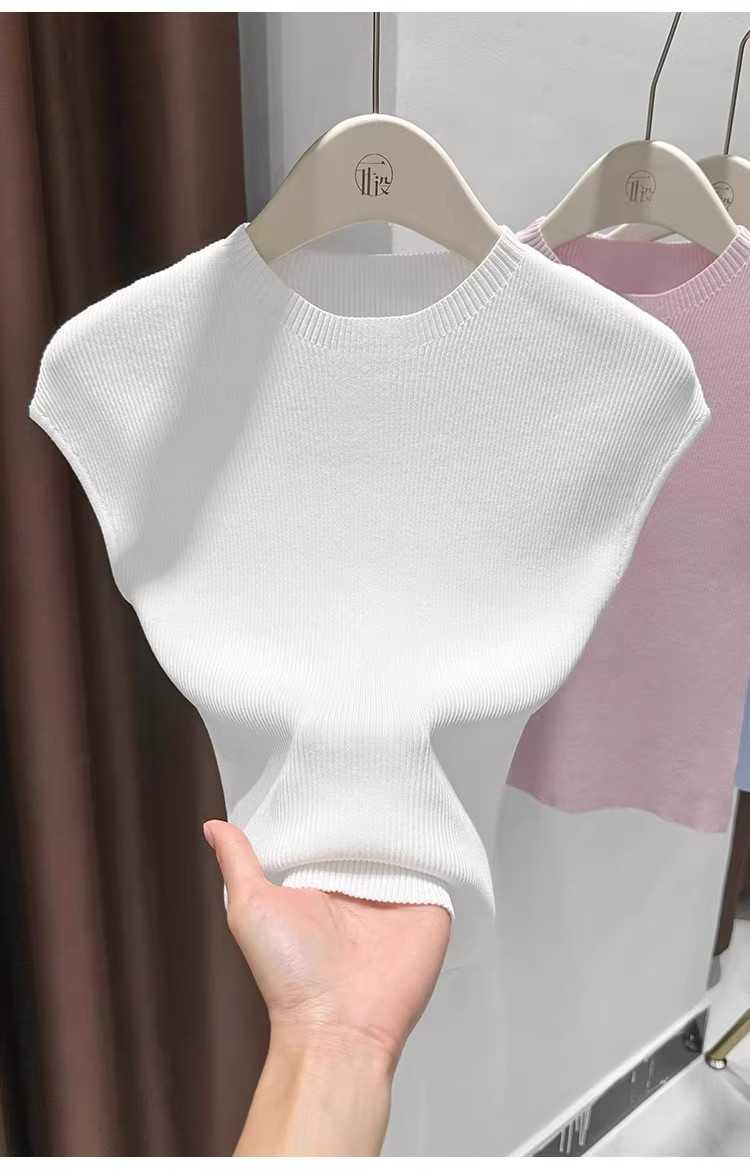 Women's Slim-Fit Short Sleeve Top Ice Silk Cropped Tee Soft Stretchy Casual Shirt for Summer with Flutter Sleeves_ecoleips.com