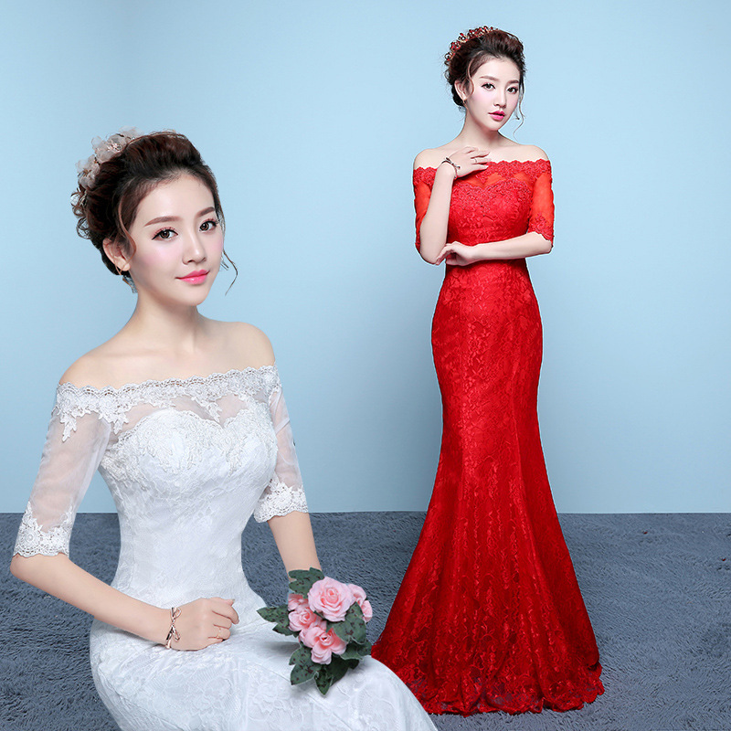 Red Wedding Dress for the Bride, Slimming Plus-Size Mermaid Waist-Cinching Mermaid Wedding Dress, Floor-Length Off-Shoulder Slim-Fit Korean Style