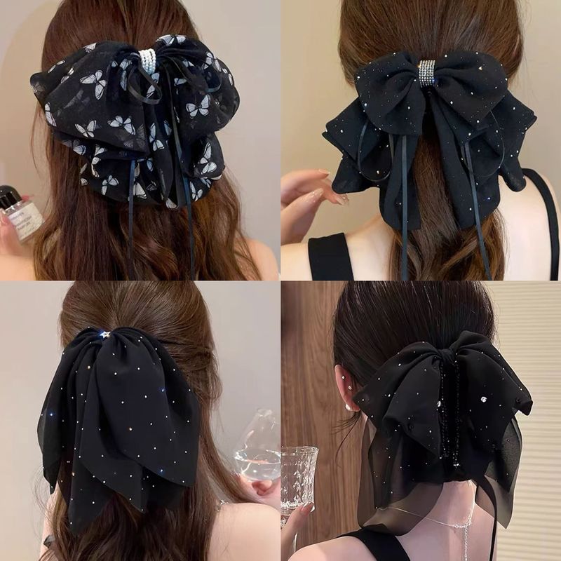 黑色蝴蝶印花飘带马尾夹女后脑勺半扎发抓夹气质轻奢百搭鲨鱼发夹|undefined