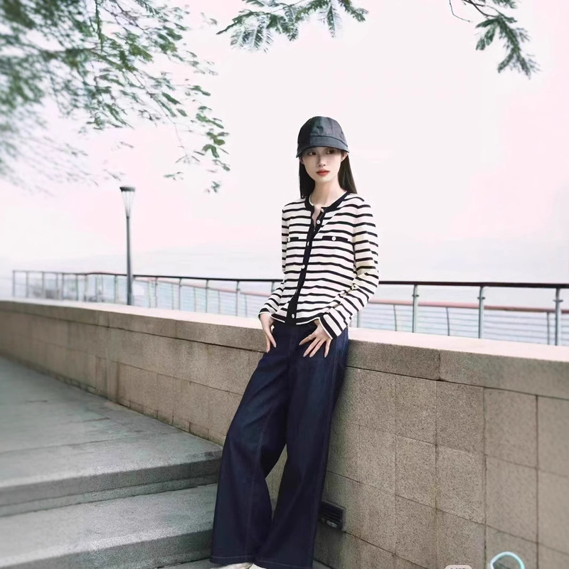 Wo Tongda Navy Style Round Neck Striped Combed Cotton Cardigan Retro Wide Shaped Slim Sweater Jacket