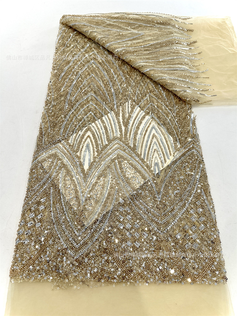 Tejido de malla de sequinilla de dos colores de moda de alta fijación de perlas de tela bordada europea y americana vestido de boda vestido de tela