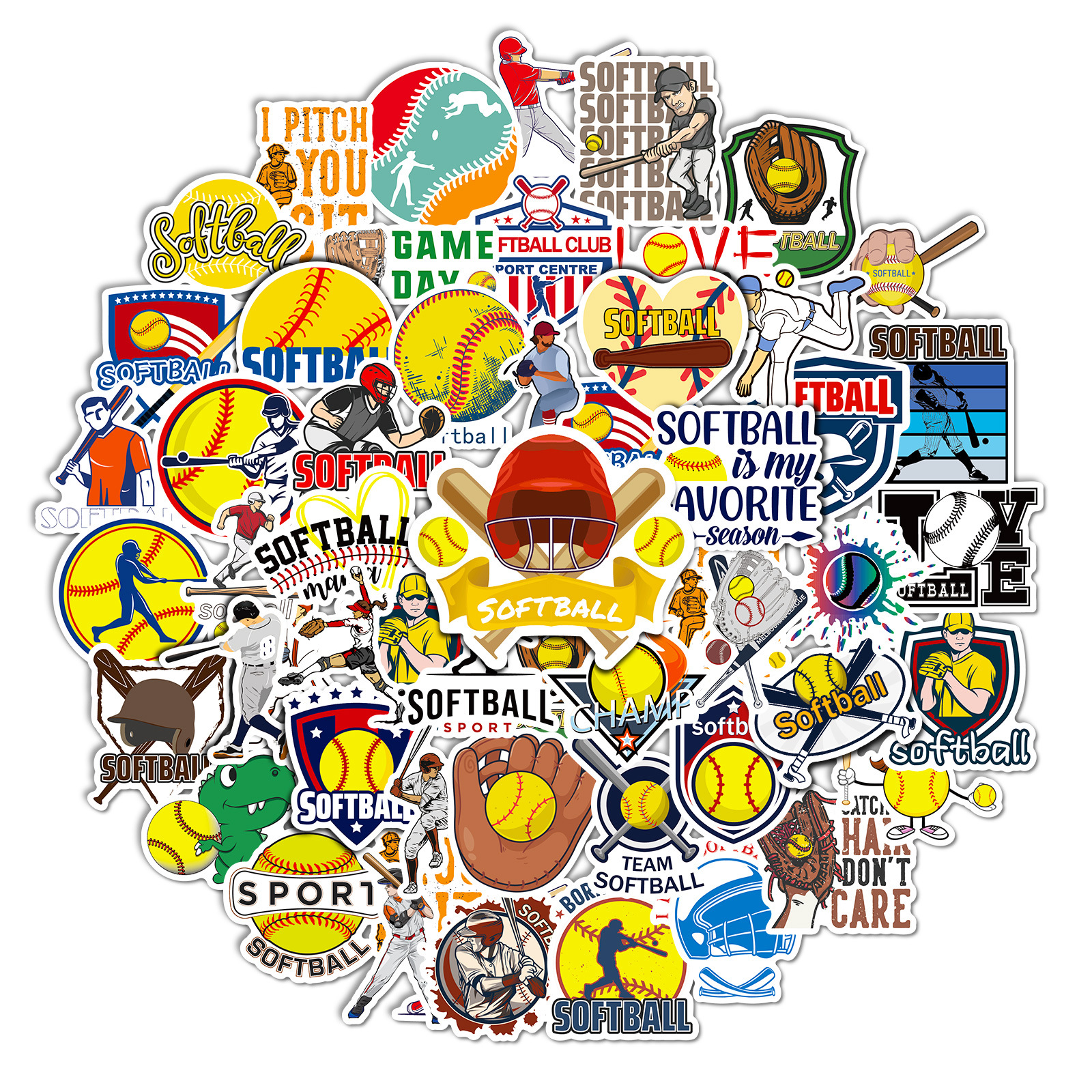 50 pegatinas de softball amarillo pegatinas de softball transfronterizas pegatinas impermeables para el equipaje de la guitarra del monopatín
