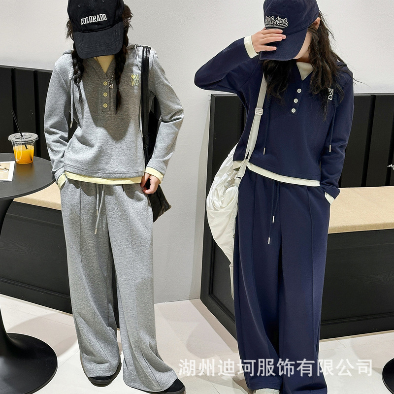 跨境女童套装秋新款2025儿童秋装运动大童时髦假两件卫衣休闲卫裤|undefined
