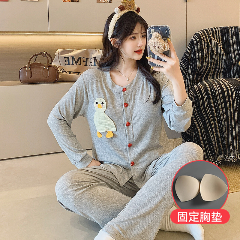 Pajamas Women's New Modal Thin Long-sleeved Trousers with Chest Pad Wear-free Bra Home Clothes for suit Women