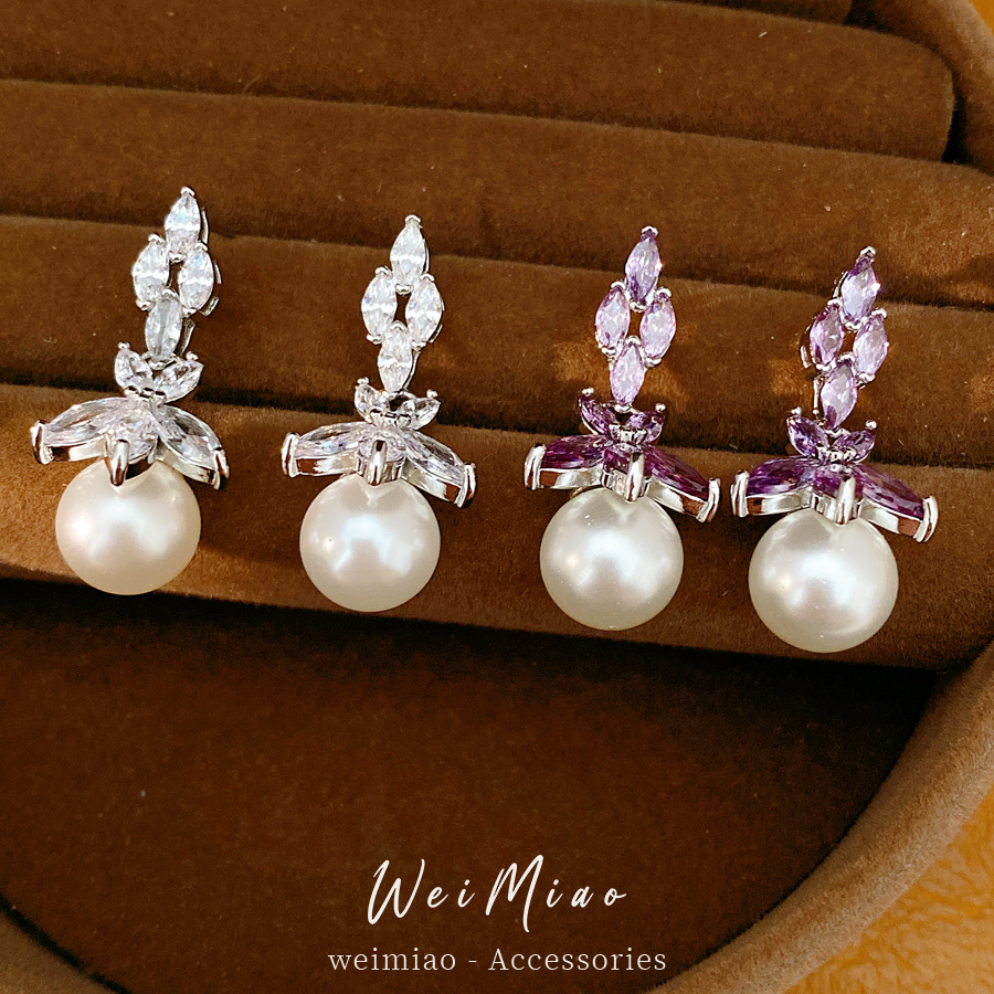 Agujas de plata, flores, perlas, perlas, temperamento diario, pendientes de aretes de lujo ligero, pendientes de alta calidad, al por mayor.