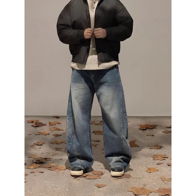 Men's Clothing Loose Straight Leg Jeans Scimitar Design Casual Wide Leg Mid Waist Polyester Spring Autumn Fashion_mkmklike.com