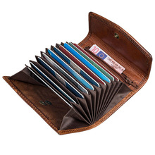 亚马逊复古多卡位牛皮卡包rifd防盗风琴包大容量超薄中长款手拿包