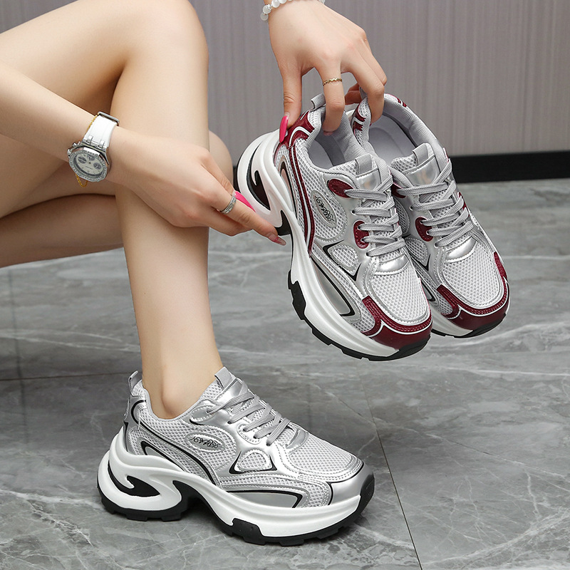 Thick-Soled Dad Shoes for Women 2025 Summer and Autumn New Women's Shoes Mesh Breathable Heightening Casual Sports Shoes Thick-Soled White Shoes