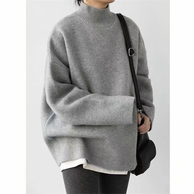 2024 semi high neck solid color lazy autumn and winter loose short style base knit sweater temperament women's thick_voghion.com