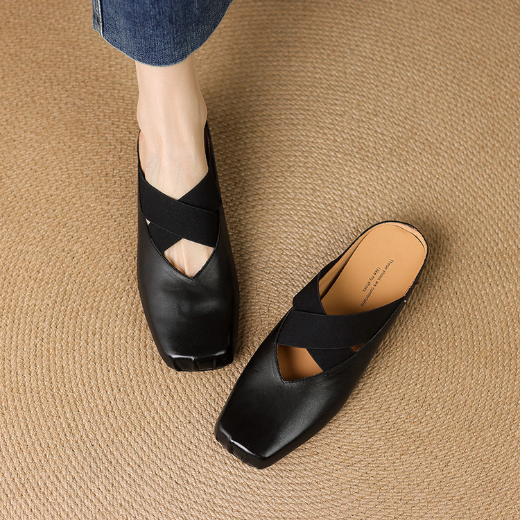 Giày búp bê mũi vuông retro da ngựa, quai sau hở, dép sandal mới hè — đen