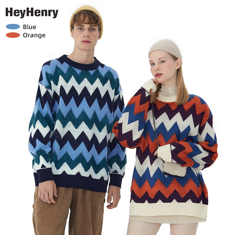 HeyHenry 撞色情侣套头毛衣秋季长袖新款衣服圆领男装百搭针织衫