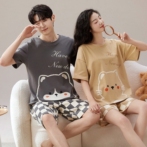 Summer Couple Pajamas Women Summer Cotton Short Sleeve Shorts Men Cartoon New Home Set Ladies Cross-border