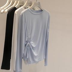 韓系のお姉さん薄っぺらな涼しさの竹の綿のひもの長袖のtシャツの女性のシンプルな純色の日焼け止めのブラウスの潮