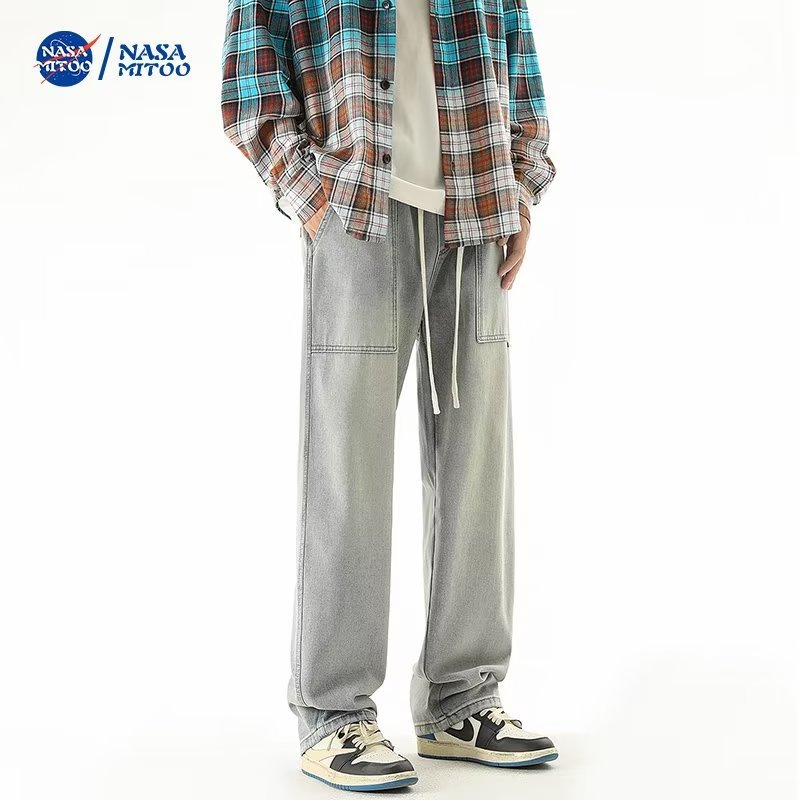 2024 primavera y otoño nuevo estilo americano recto retro lavado casual de gran tamaño pantalones de mezclilla desgastados de calle alta