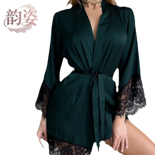 Cross-Border Robe Ice Silk Plus Size Loungewear Sexy Pajamas for Women Autumn and Winter Lace Splicing Sexy Lingerie Nightgown Wholesale