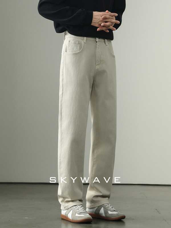 [High Count 13.6oz Stretch] White Jeans Men's Autum New Style Light Mature Style Straight Casual Pants
