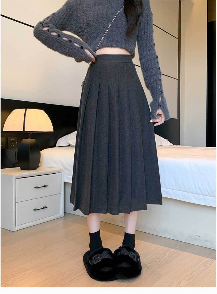 2023 outono/inverno nova saia plissada espessada com elástico e cintura alta emagrecimento e ajuste solto temperamento saia de comprimento médio_voghion.com