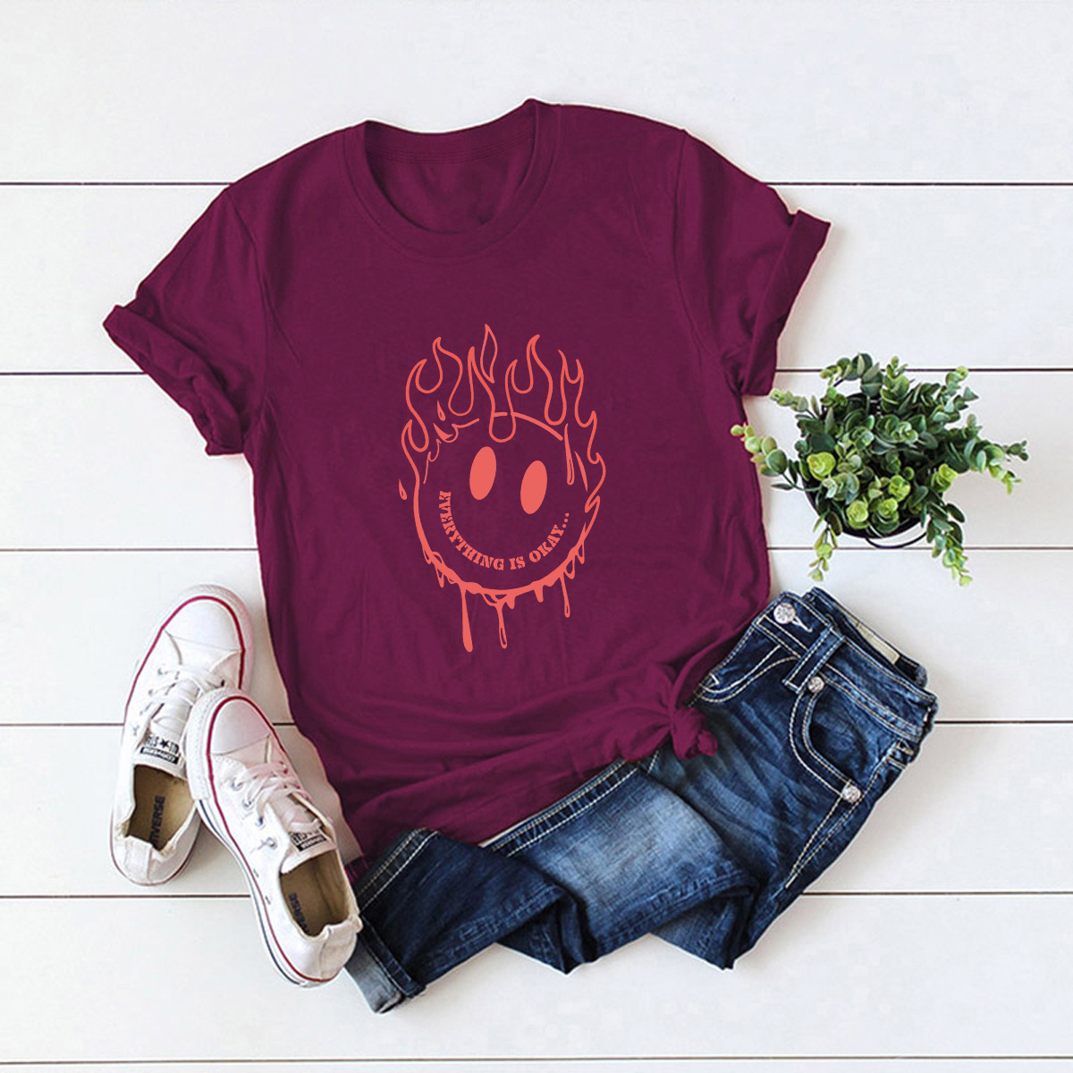 camiseta de manga corta con estampado de smiley de moda NSSN30849