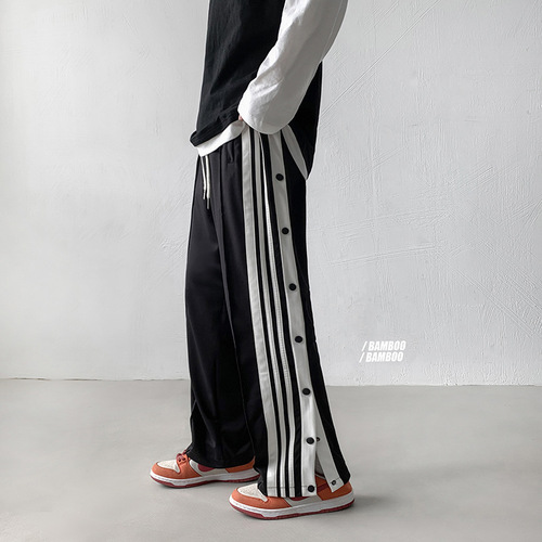 Ins-style streetwear side-button wide-leg pants for men, loose-fitting, versatile, student-friendly, straight-leg autumn trend—striped, ankle-tied sweatpants