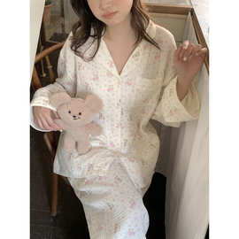 韩国ins女士春秋新品韩版可爱狗狗双层棉纱宽松家居服睡衣套装女