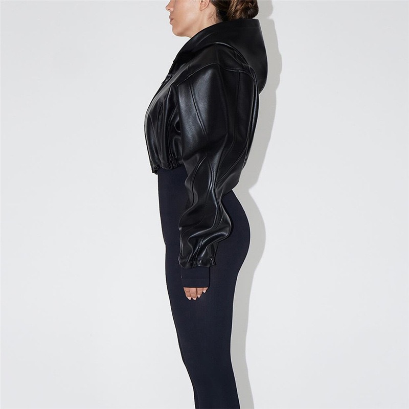 Trendy Faux Leather Hooded Cropped Jacket For Women - Streetwear Biker Style Zippered Long Sleeve Top_ecoleips.com