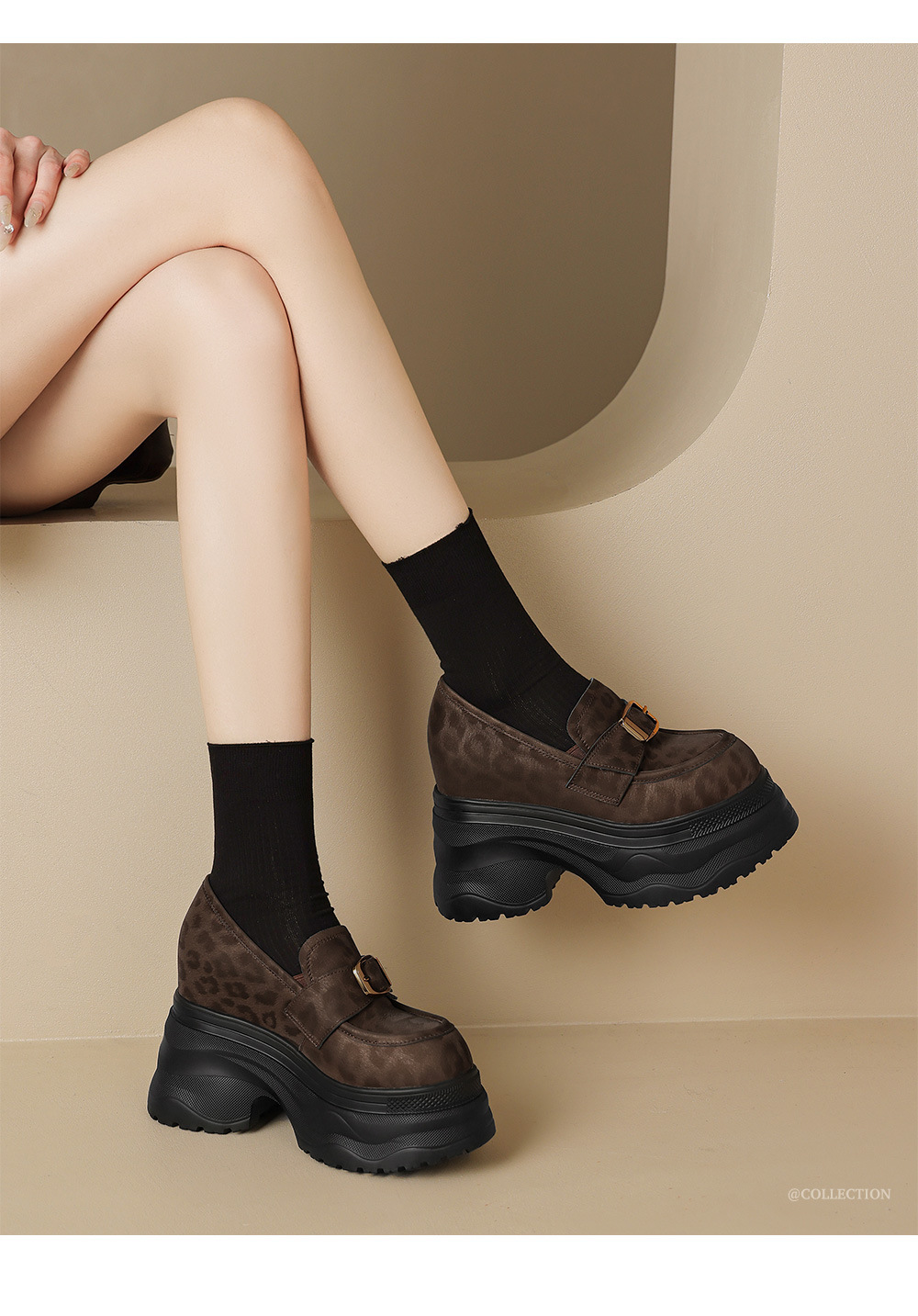 Giày loafer nữ đế xuồng họa tiết báo khóa kim loại tăng chiều cao — đen, nâu đen chi tiết 2