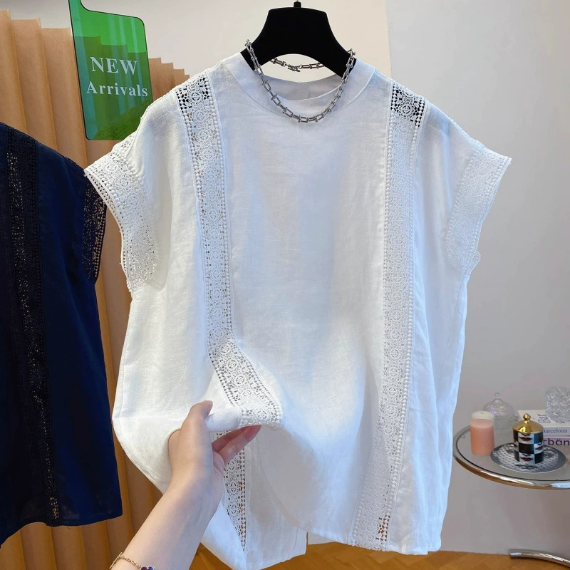 3783 топов из чистого хлопка и льна для женщин, тонкие, новые, свободные, белые, с кружевными вставками, вырезами и короткими летящими рукавами, лето 2025 года