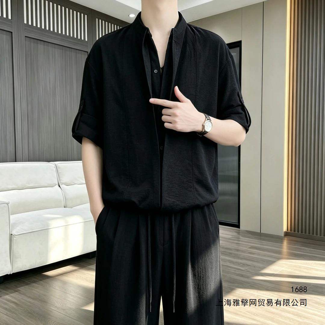 Old Qian Feng two-piece cool short-sleeved shirt, unisex summer two-piece set, relaxed fit, shirt and wide-leg pants.