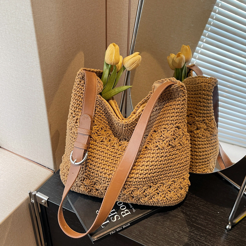 Vacation Style Woven Large Bag For Women 2026 New Korean Knit Simple Shoulder Bag High Capacity Casual Beach Bag - Thumbnail 6