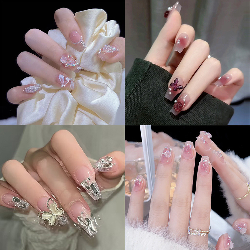 Manicure wear nail piece white mid-length pure desire style nail sticker blush Camellia fake nail piece nail patch