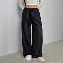2025垂顺不易皱高腰直筒竖条纹阔腿休闲裤女