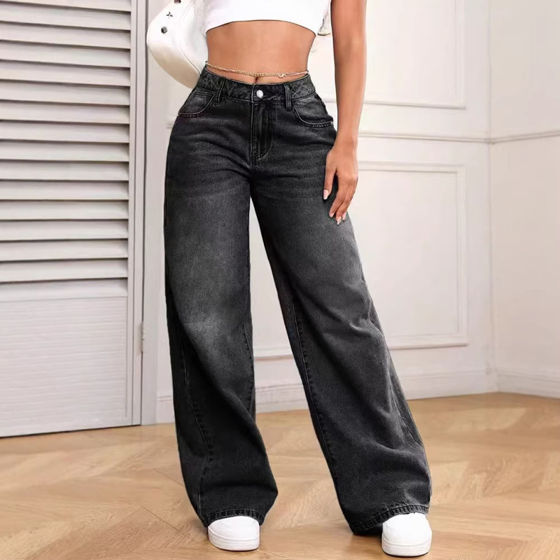 2025 European and American Cross-Border High-Waisted Straight-Leg Denim Pants for Women, Washed Light-Colored Simple Style Wide-Leg Loose Pants 2025 European and American Cross-Border High-Waisted Straight-Leg Denim Pants for Women, Washed Light-Colored Simple Style Wide-Leg Loose Pants