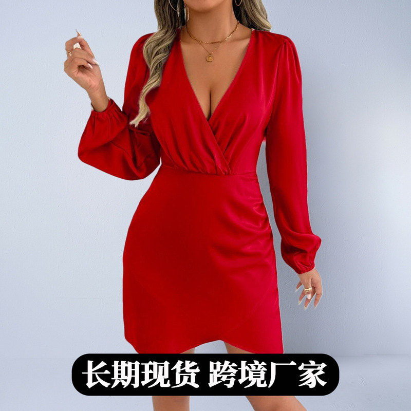 Real Shot of Foreign Trade European and American Fashion Trendy Women's Satin Dress, Autumn Cross-Over Long-Sleeve Socialite Style Dress