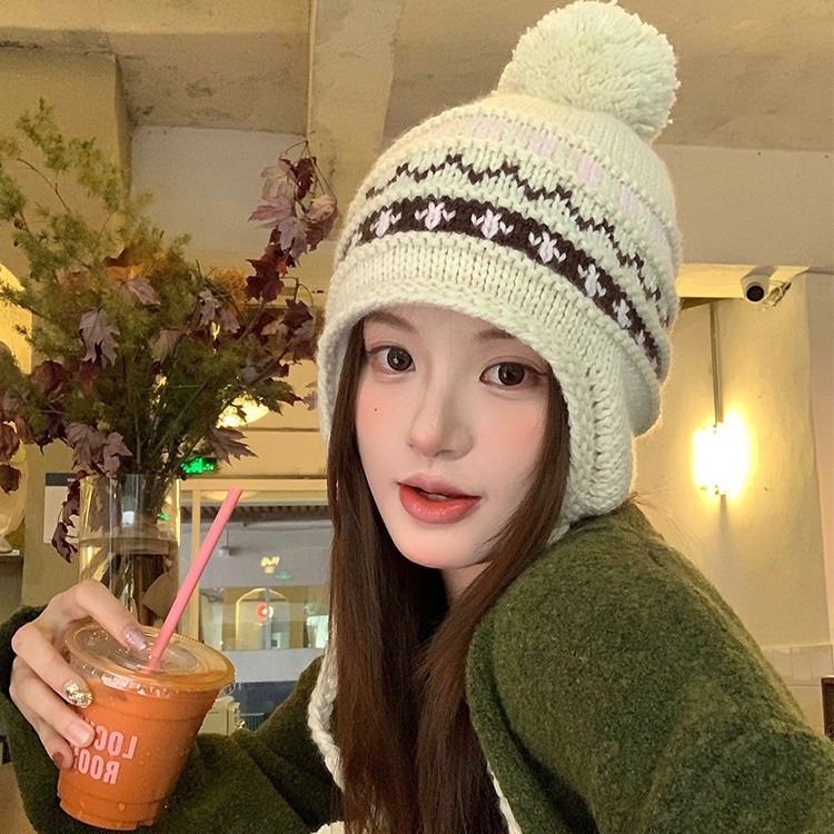 冬天帽子女款时尚百搭针织帽护耳保暖包头帽小毛球加绒毛线帽批发|undefined