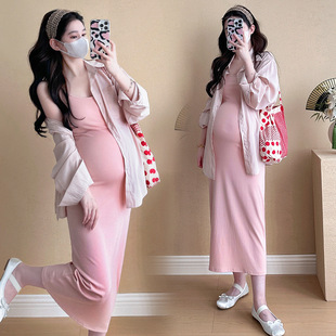 Maternity French Pink Slip Skirt Summer New Elegant Slim-fit Hip Dress Two-piece suit